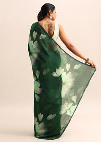 Bottle Green Floral Printed Georgette Saree With Sequin Border And Unstitched Blouse