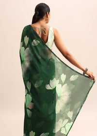 Bottle Green Floral Printed Georgette Saree With Sequin Border And Unstitched Blouse