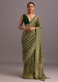 Green Khaddi Georgette Bandhani Saree With Zari Jaal Motif Weave