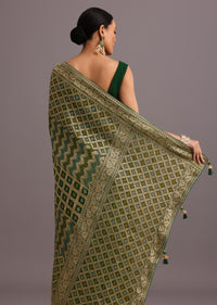 Green Khaddi Georgette Bandhani Saree With Zari Jaal Motif Weave