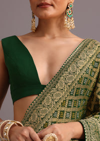 Green Khaddi Georgette Bandhani Saree With Zari Jaal Motif Weave