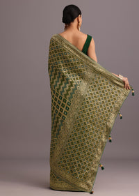 Green Khaddi Georgette Bandhani Saree With Zari Jaal Motif Weave