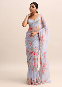 Ice Blue Floral Printed Organza Saree With Cutdana Embroidery And Unstitched Blouse