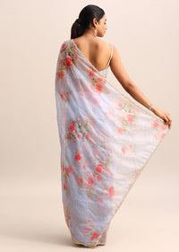 Ice Blue Floral Printed Organza Saree With Cutdana Embroidery And Unstitched Blouse