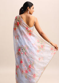 Ice Blue Floral Printed Organza Saree With Cutdana Embroidery And Unstitched Blouse