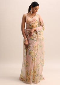 Peach Floral Printed Organza Saree With Sequin Border And Unstitched Blouse