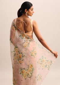 Peach Floral Printed Organza Saree With Sequin Border And Unstitched Blouse