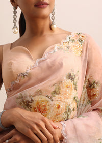 Peach Floral Printed Organza Saree With Sequin Border And Unstitched Blouse