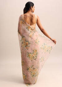 Peach Floral Printed Organza Saree With Sequin Border And Unstitched Blouse