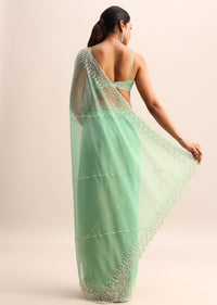 Mint Blue Organza Saree With Cutdana Embroidery And Scallop Border With Unstitched Blouse