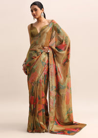 Gold Printed Tissue Saree With Embroidered Border And Unstitched Blouse