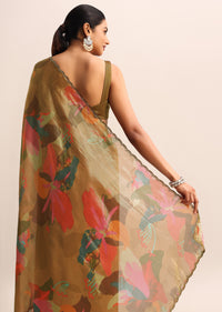 Gold Printed Tissue Saree With Embroidered Border And Unstitched Blouse