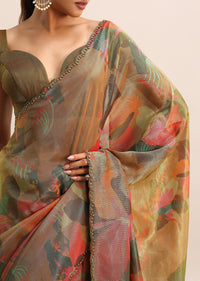 Gold Printed Tissue Saree With Embroidered Border And Unstitched Blouse