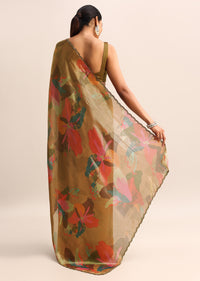 Gold Printed Tissue Saree With Embroidered Border And Unstitched Blouse