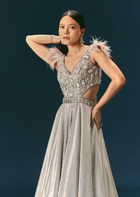 Grey Crushed Flared Gown With Hand Embroidery