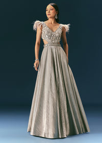 Grey Crushed Flared Gown With Hand Embroidery