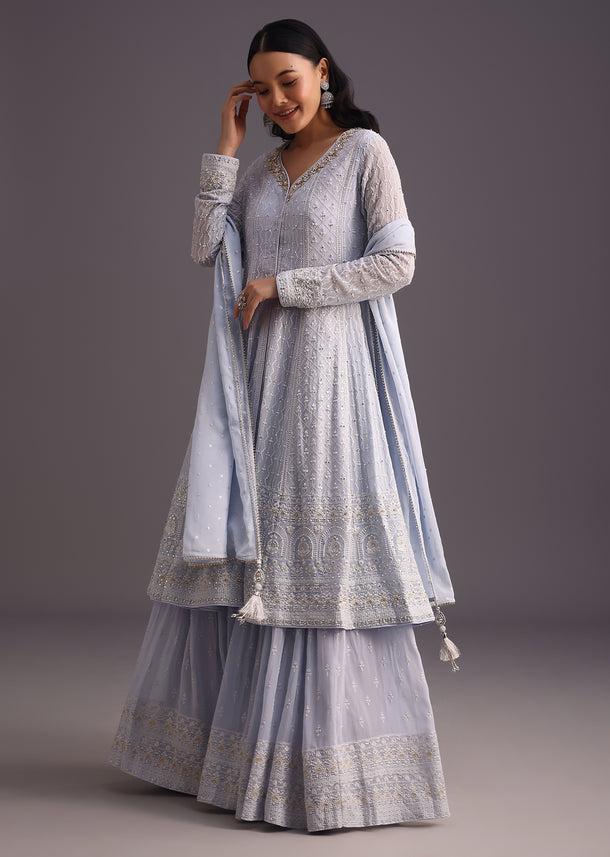 Lilac Embroidered Kurti With Banarasi Weave Skirt And Butti Work Dupatta