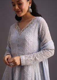 Lilac Embroidered Kurti With Banarasi Weave Skirt And Butti Work Dupatta