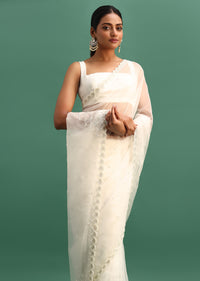 White Organza Saree With Beads And Cutdana Embroidery And Unstitched Blouse