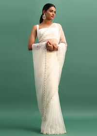 White Organza Saree With Beads And Cutdana Embroidery And Unstitched Blouse