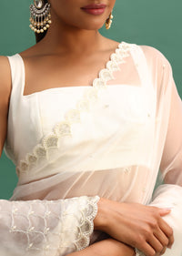 White Organza Saree With Beads And Cutdana Embroidery And Unstitched Blouse