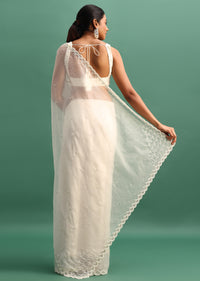 White Organza Saree With Beads And Cutdana Embroidery And Unstitched Blouse