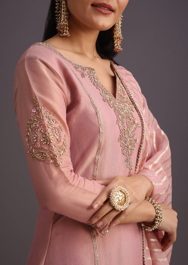 Onion Pink Embroidered Kurti Palazzo Set With Dupatta