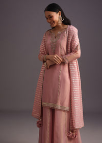 Onion Pink Embroidered Kurti Palazzo Set With Dupatta