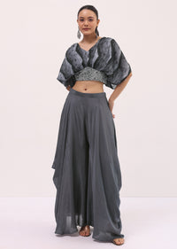 Grey Embroidered Satin Crop Top And Palazzo