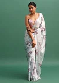 Grey Floral Printed Satin Saree With Stone Embroidered Border And Unstitched Blouse