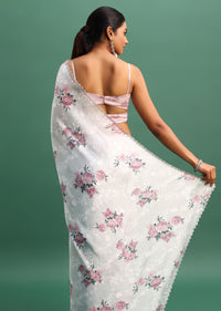 Grey Floral Printed Satin Saree With Stone Embroidered Border And Unstitched Blouse