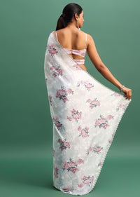 Grey Floral Printed Satin Saree With Stone Embroidered Border And Unstitched Blouse