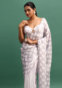 Grey Crepe Satin Saree With Polka Dots And Stone Embroidery With Unstitched Blouse