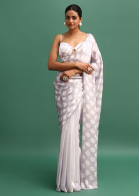 Grey Crepe Satin Saree With Polka Dots And Stone Embroidery With Unstitched Blouse