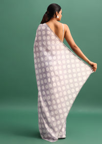 Grey Crepe Satin Saree With Polka Dots And Stone Embroidery With Unstitched Blouse