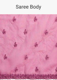 Magenta Organza Saree With Floral Resham Work And Unstitched Blouse