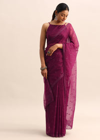 Magenta Organza Saree With Floral Resham Work And Unstitched Blouse