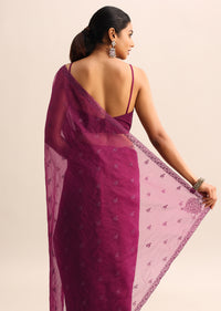 Magenta Organza Saree With Floral Resham Work And Unstitched Blouse