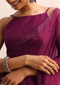 Magenta Organza Saree With Floral Resham Work And Unstitched Blouse