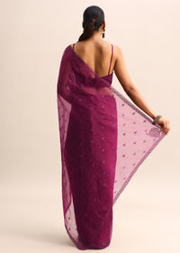 Magenta Organza Saree With Floral Resham Work And Unstitched Blouse