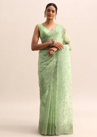 Green Organza Saree With Floral Thread Work Border And Unstitched Blouse