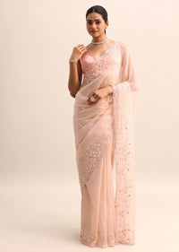 Peach Organza Saree With Cutdana And Sequins On Border And Unstitched Blouse