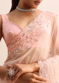 Peach Organza Saree With Cutdana And Sequins On Border And Unstitched Blouse