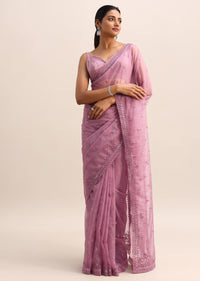 Purple Organza Saree With Beads And Sequin Work And Unstitched Blouse