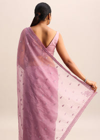 Purple Organza Saree With Beads And Sequin Work And Unstitched Blouse