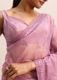 Purple Organza Saree With Beads And Sequin Work And Unstitched Blouse