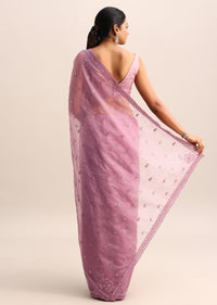 Purple Organza Saree With Beads And Sequin Work And Unstitched Blouse