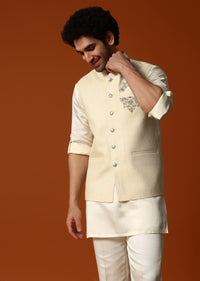 Cream Silk Kurta Jacket Set For men Pack of 3