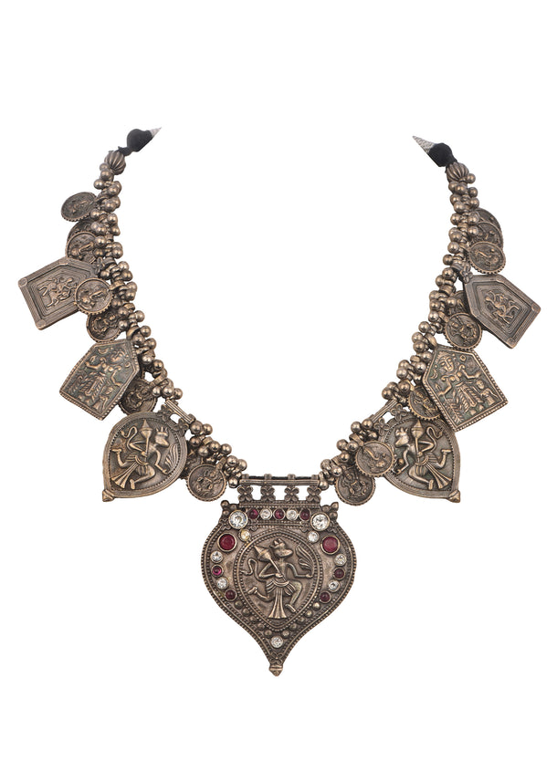 Silver Oxidized Ethnic Boho Necklace Set In Mix Metal