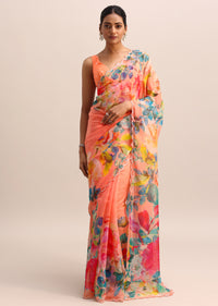 Dark Peach Floral Printed Organza Saree In Sequins With Unstitched Blouse